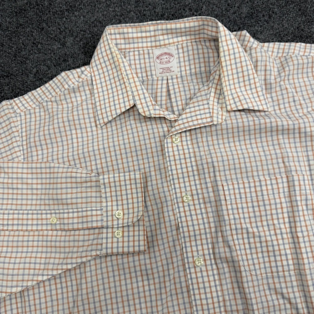 Brooks Brothers Non Iron Dress Shirt 16.5 34/35 Traditional Fit Orange Check